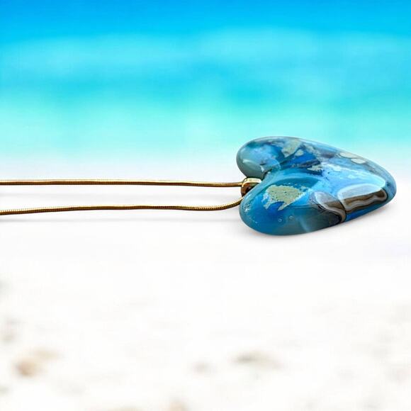 Chic & stylish Heart Pendant Necklace made from Fused Glass. Blue, green and tan - Picture 4 of 5